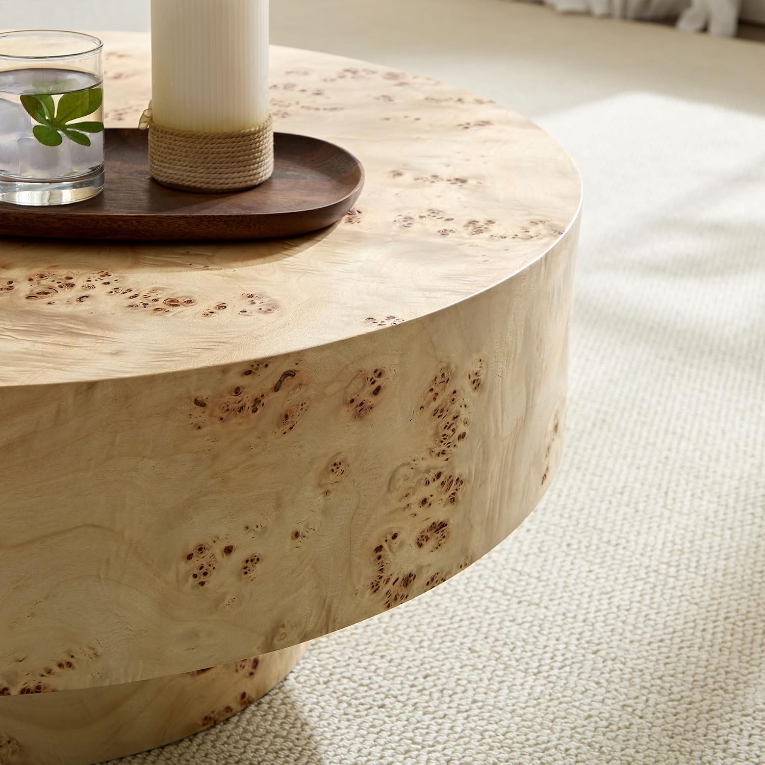 Burl Wood Coffee Table for Living Room Round Wooden Coffee Table with Pedestal 31.49' Modern Circle Center Tables Accent Tables for Apartment Easy Assembly-Natural Wood