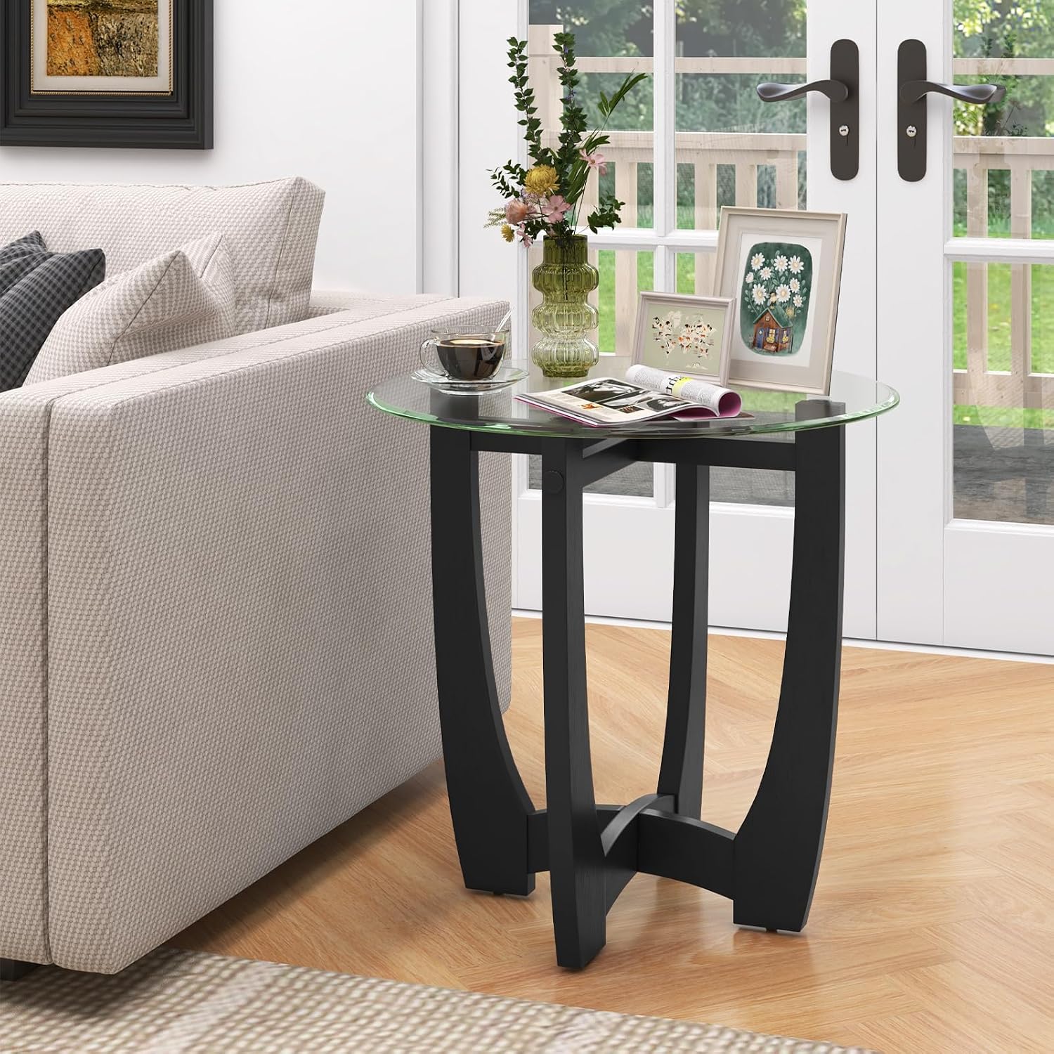 Giantex Glass End Tables Set of 2, Round Side Tables with Rubber Wood Frame & Tempered Glass Top, 23.5' Small Black Coffee Table, Modern Glass Nightstand for Living Room Balcony Bedroom, Easy Assembly