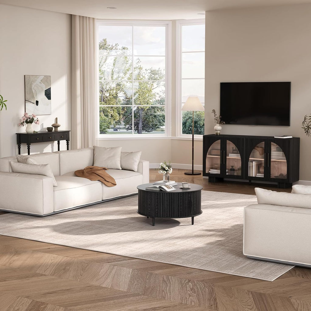 Round Coffee Table with Storage, 31.5' Modern Coffee Table with Sliding Door & Solid Wood Legs, Minimalist Fluted Center Table for Living Room, Home Small Space, Black
