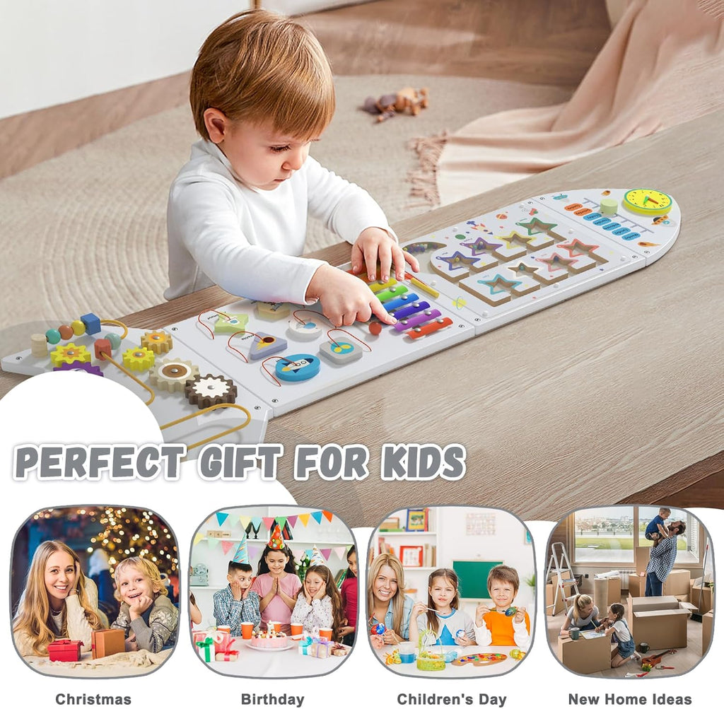 Spacocld Montessori Busy Board - White Rocket Activity Wall Panels, Wall Toys for Toddlers 3+, Sensory Panels for Kids, Wooden Activity Cubes, Playroom Daycare Toys, Toddler Sensory Board (4PCS)