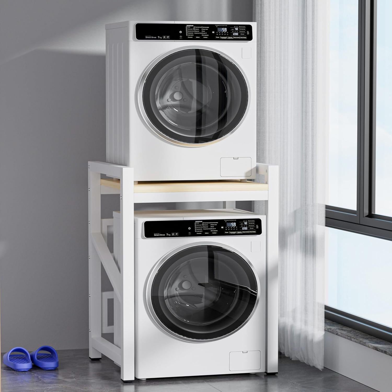 Over The Washer and Dryer Storage Shelf, Widen & 3 Height Adjustable Stacking Rack, Space Saver Washer Dryer Stacking Kit, Thicker Metal Washer Shelf for within 29.5' width (White, 29.5 Inch)