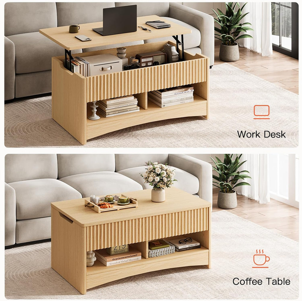 Amada Lift Top Coffee Table with Storage Shelf & Hidden Compartment, Modern Fluted Rectangle Dining Table for Living Room, Home Office,Natural Oak