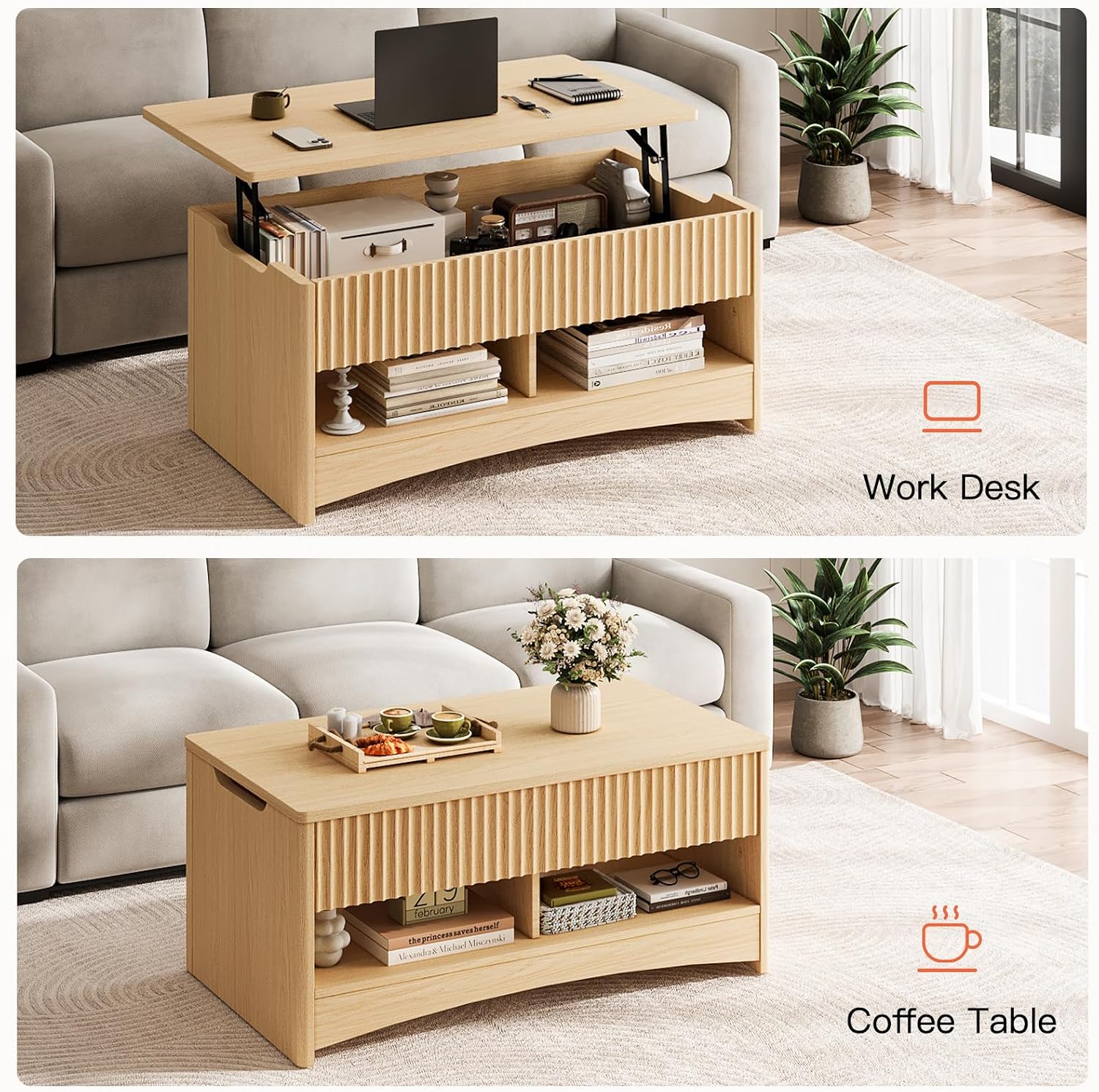 Amada Lift Top Coffee Table with Storage Shelf & Hidden Compartment, Modern Fluted Rectangle Dining Table for Living Room, Home Office,Natural Oak