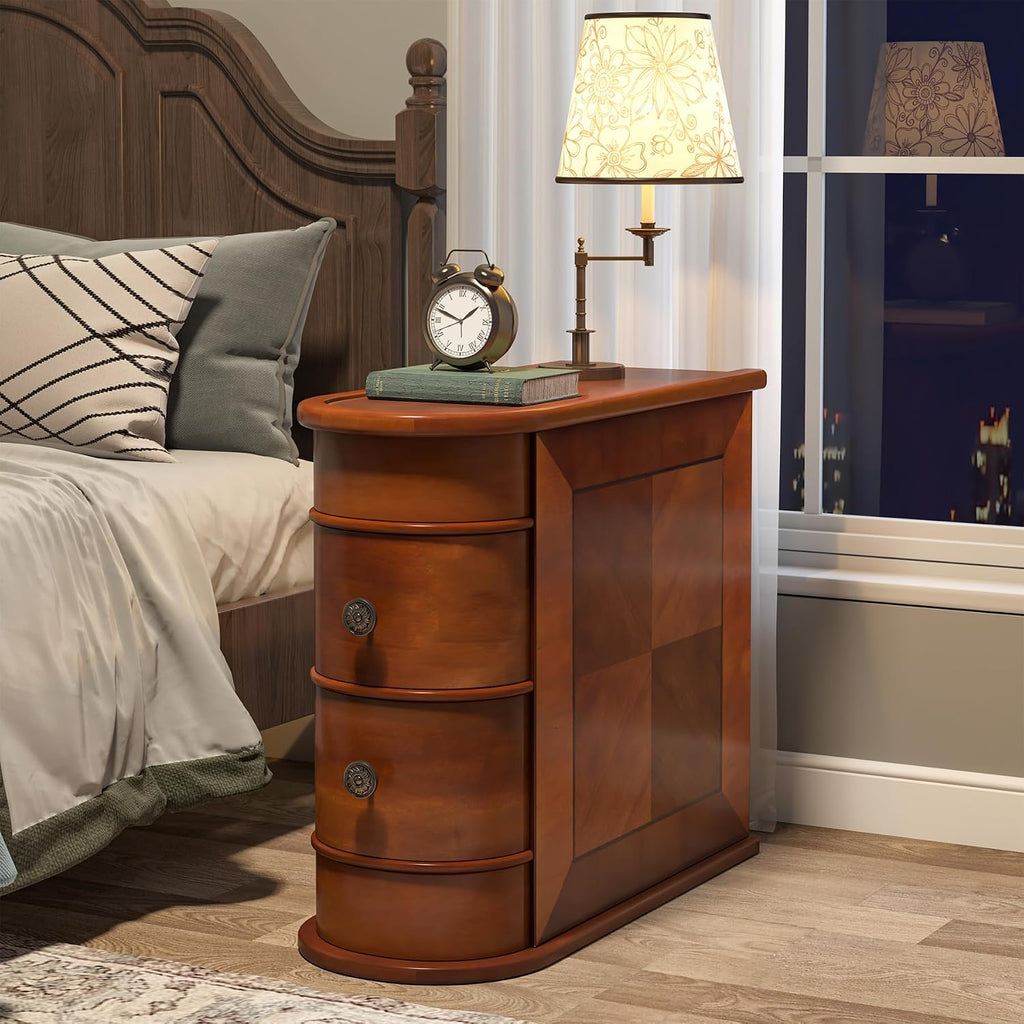 Tribesigns Wood End Table, 2-Drawer Narrow Side Table Slim Chair Solid Side Table, No Assembly Required, Finished Back | Slim