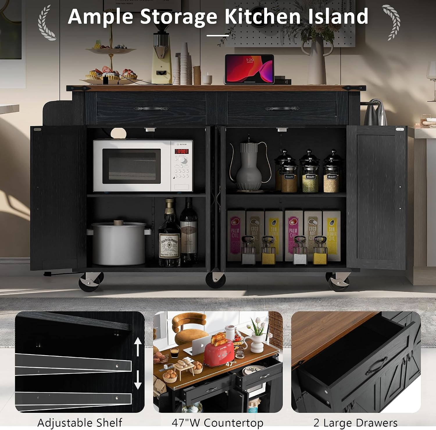53.5'' Farmhouse Mobile Kitchen Island with Power Outlet, Drop Leaf, Spice Rack and Drawer - Rolling Kitchen Cart with Ample Storage, Rustic Storage Islands Table for Home and Dining Room