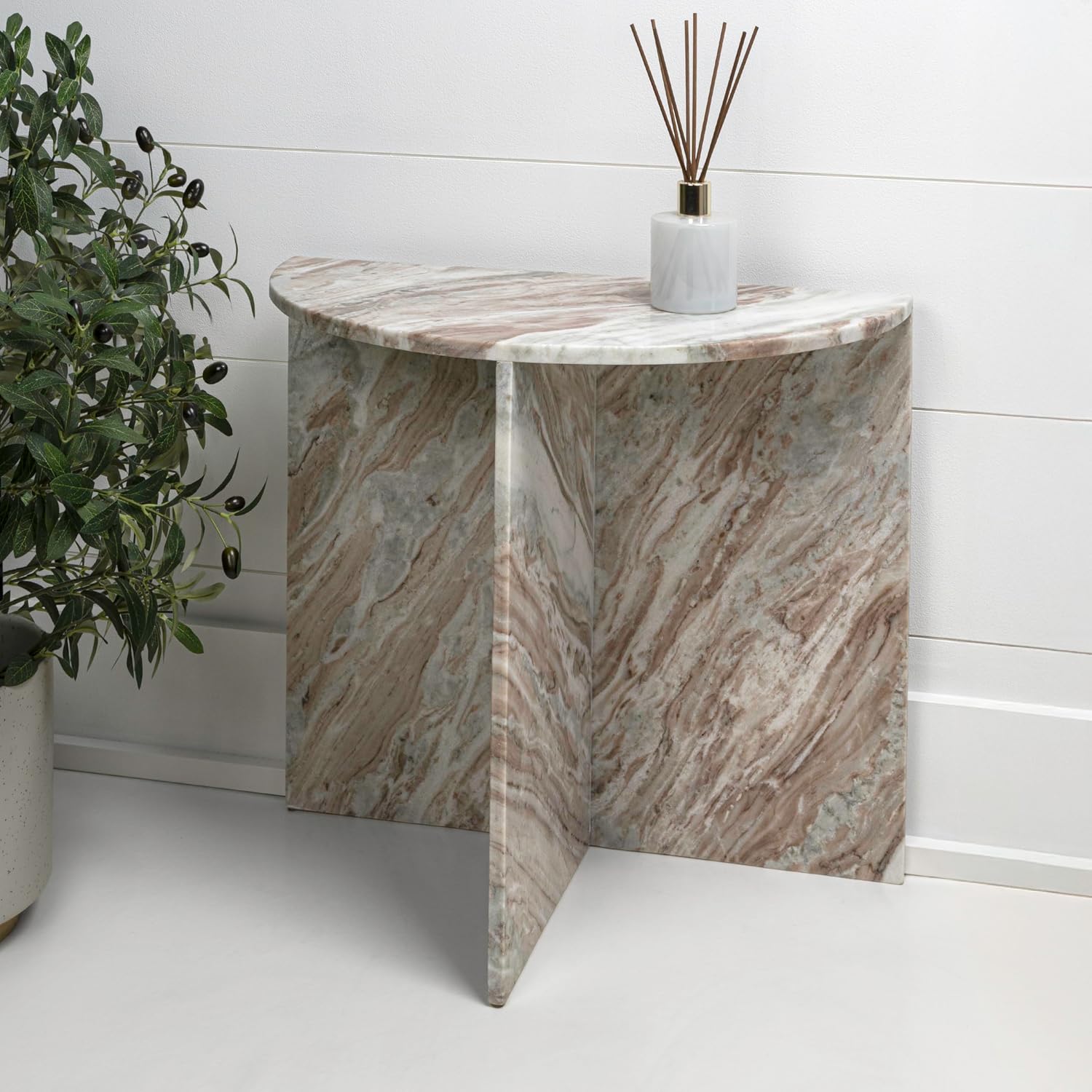 JONATHAN Y MTB1109A Patrice 20' Art Deco Minimalist Natural Marble Handmade Demilune Side Table, Side Table for Living Room, Bedroom, Bathroom, Pink/Beige/White