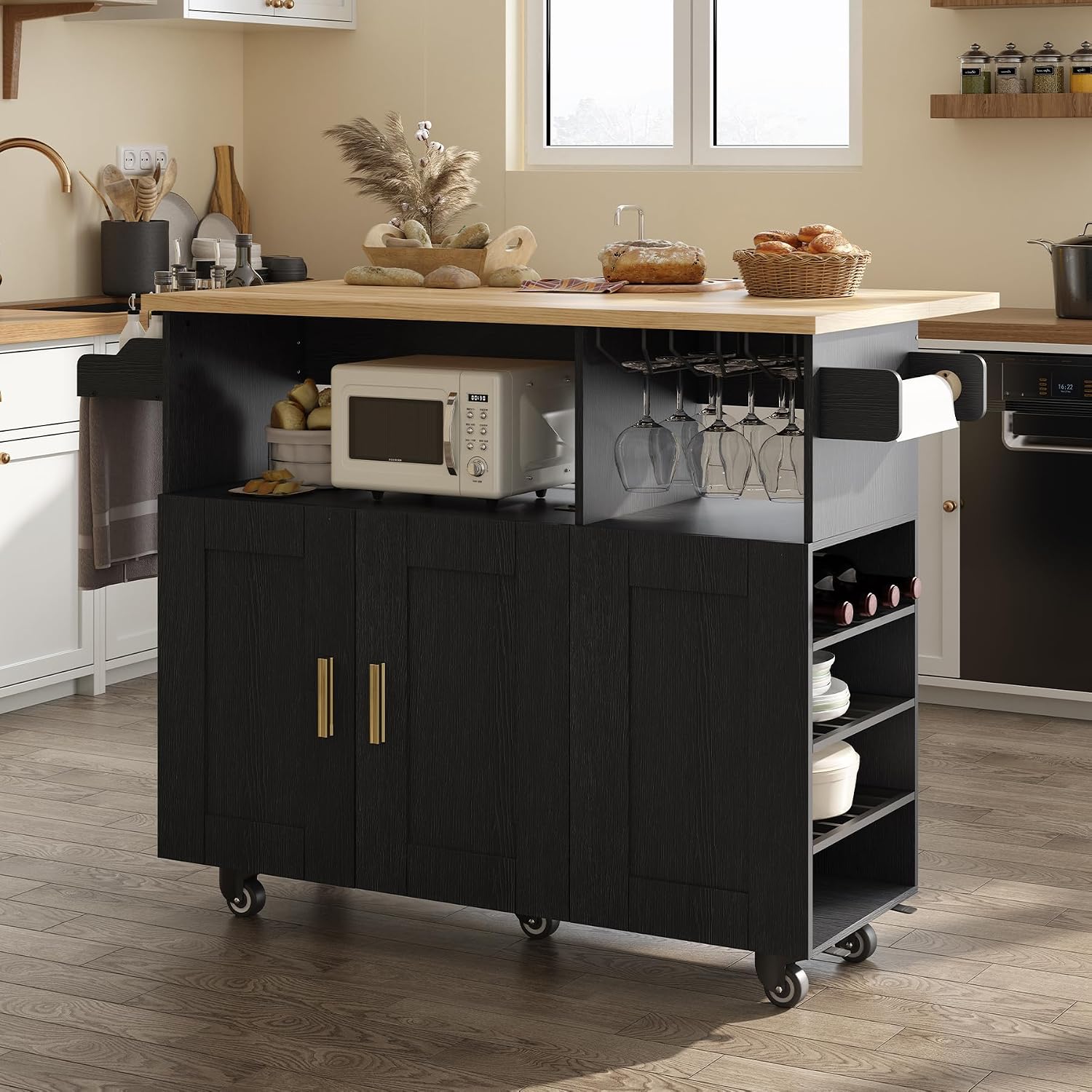 ASTRONAPE Rolling Mobile Kitchen Island with Storage and Drop Leaf, Island Table with Countertop Power Socket and Wheel (Black, Model 1.2)