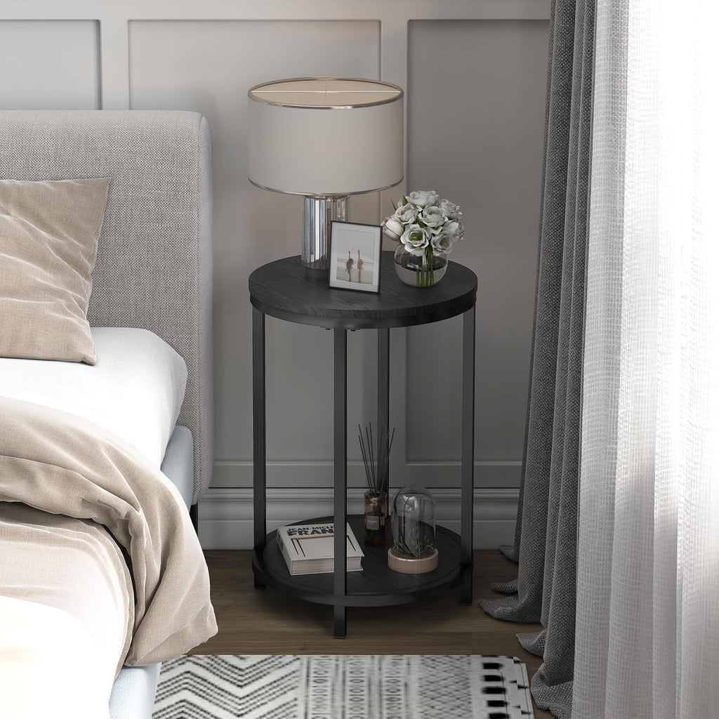 NSdirect Round Side Table Set of 2,16in Rustic Wooden End Table Surface Top & Sturdy Metal Legs Nightstand for Living Room Bedroom Farmhouse Sofa Table with Storage Open Shelf,Black