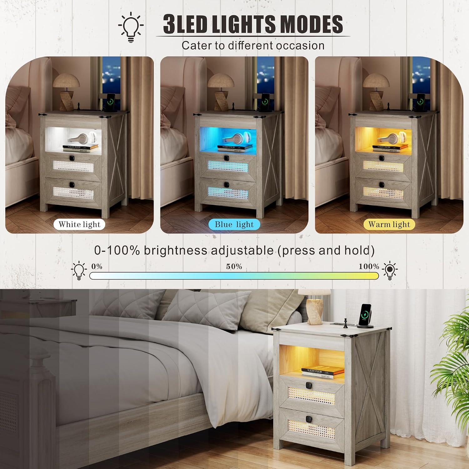 Night Stand with Gun Drawer, Bedside Table with Charger Station & LED Human Sensor Light, Gun Nightstand End Tables Bedroom Living Room, Rustic Grey