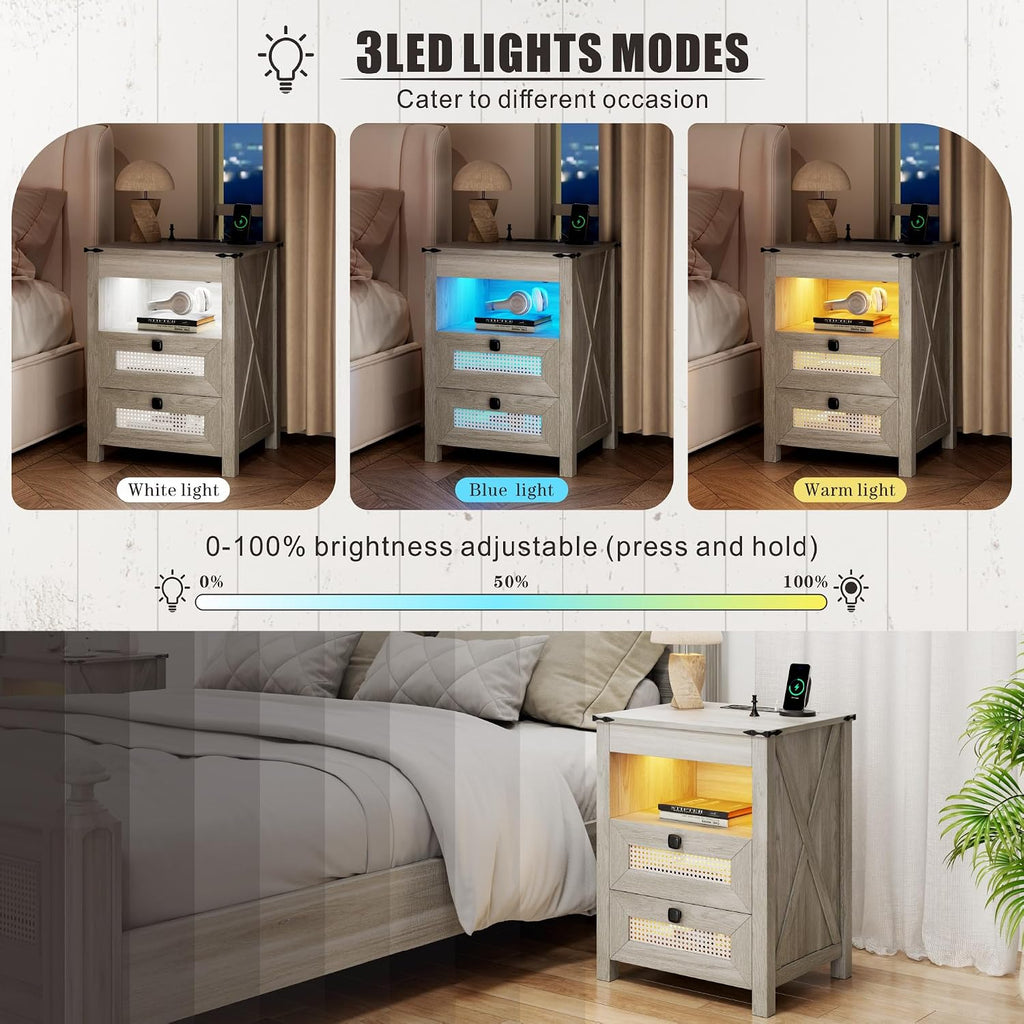 Grey Night Stand Set 2 with Gun Drawer, Bedside Table with Charging Station, LED Nightstand with Human Sensor Light, Farmhouse End Table for Bedroom Living Room