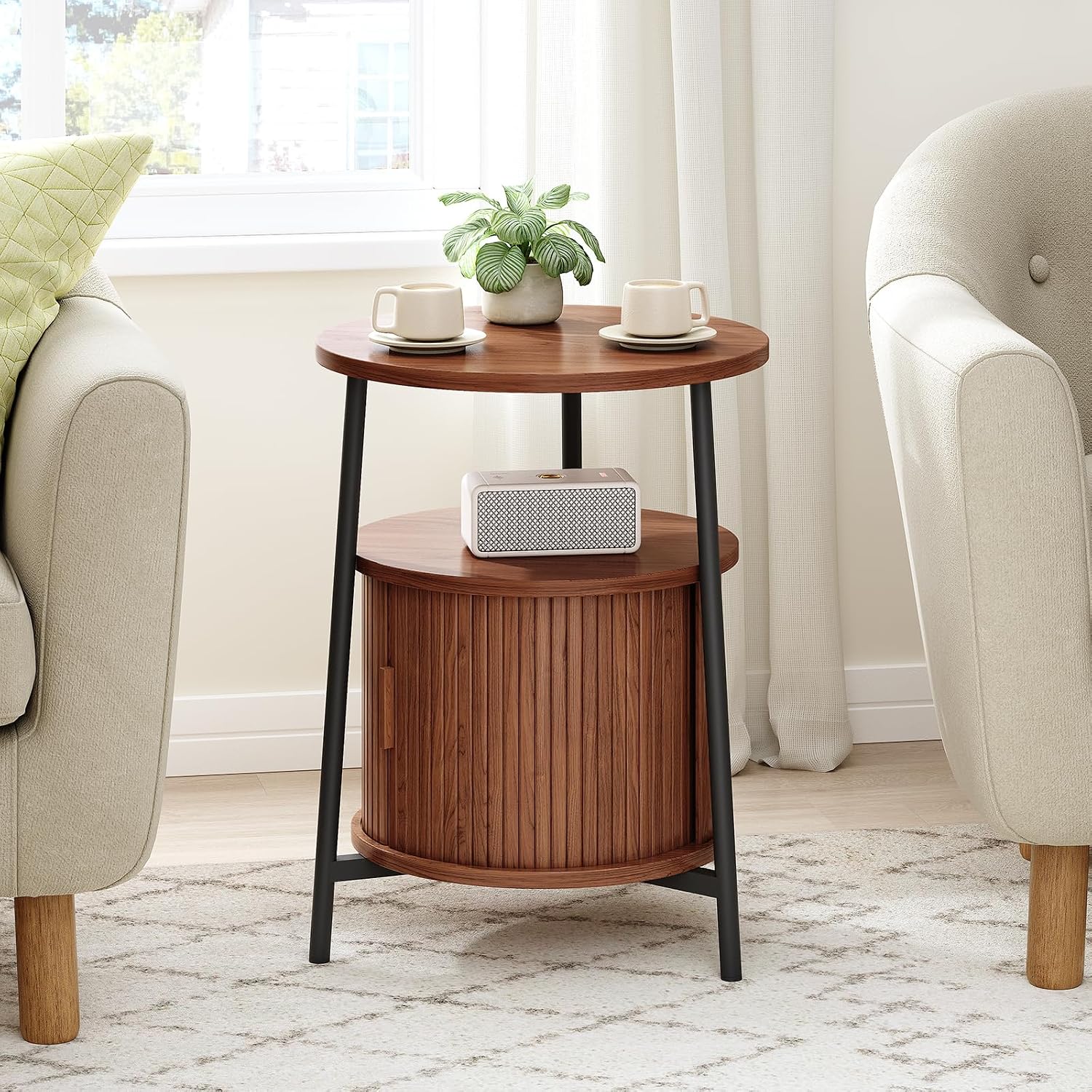 ONBRILL Round Side Table with Storage, Fluted Nightstand with Charging Station, Small Mid-Century Modern Bedside Tables, Walnut End Tables for Small Space Living Room Bedroom Sofa Couch (2 PCS)