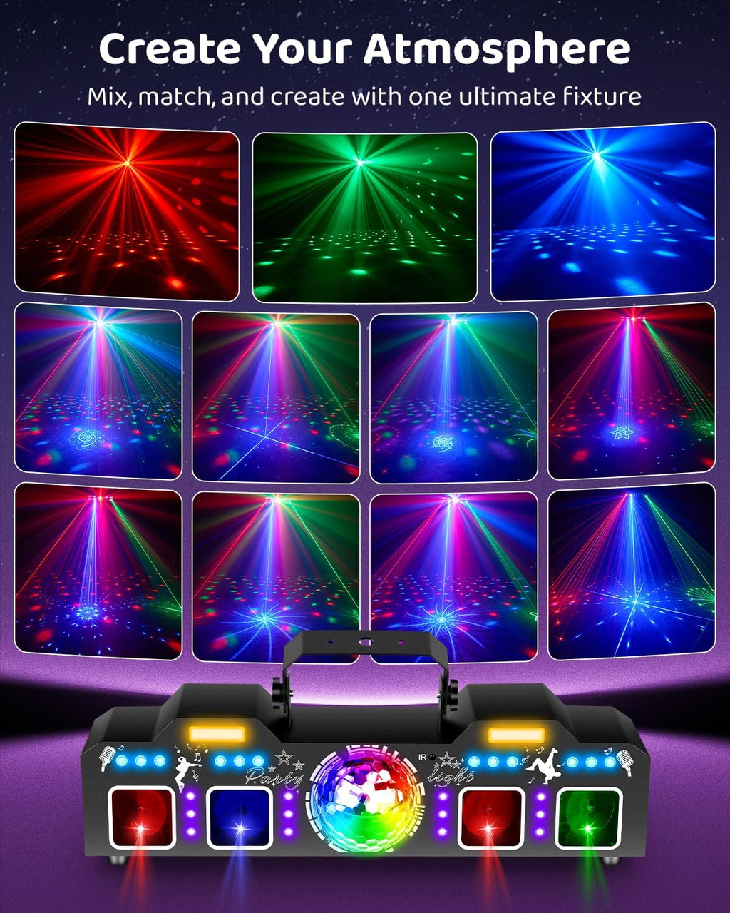 Telbum DJ Lights with Stand, 7 in 1 DJ Light for Party, DMX & Sound Activated Laser Light Show, Disco Ball & UV Strobe Effect Stage Lights Package for Gig Bar Band Events Wedding Christmas
