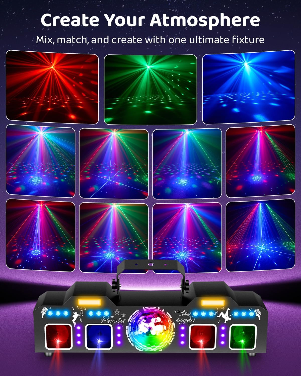 Telbum DJ Lights with Stand, 7 in 1 DJ Light for Party, DMX & Sound Activated Laser Light Show, Disco Ball & UV Strobe Effect Stage Lights Package for Gig Bar Band Events Wedding Christmas
