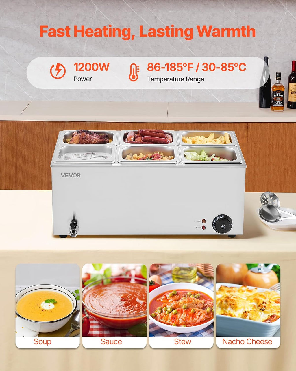 VEVOR 6-Pan Commercial Food Warmer, 24QT Electric Steam Table, 1200W Professional Countertop Stainless Steel Buffet Bain Marie with 86-185°F Temp Control for Catering and Restaurants, Silver