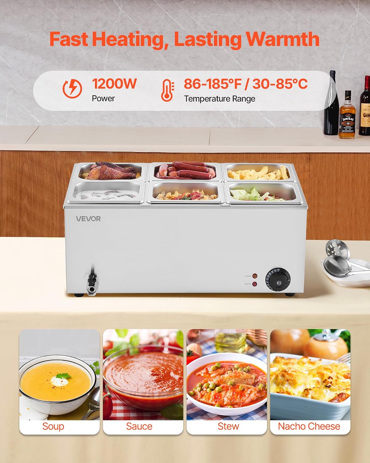 VEVOR 6-Pan Commercial Food Warmer, 24QT Electric Steam Table, 1200W Professional Countertop Stainless Steel Buffet Bain Marie with 86-185°F Temp Control for Catering and Restaurants, Silver