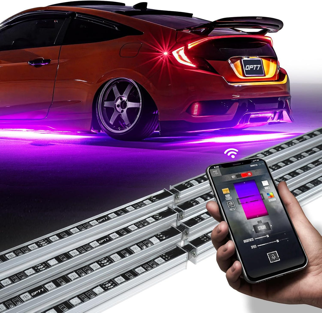 OPT7 Aura Pro RGB Aluminum Car Underglow Kit with App & Remote Control | Waterproof Rigid Light Bars, Multicolor Music Sync Lighting, Neon Accent Underbody Lights, Exterior Car Gifts, 12V