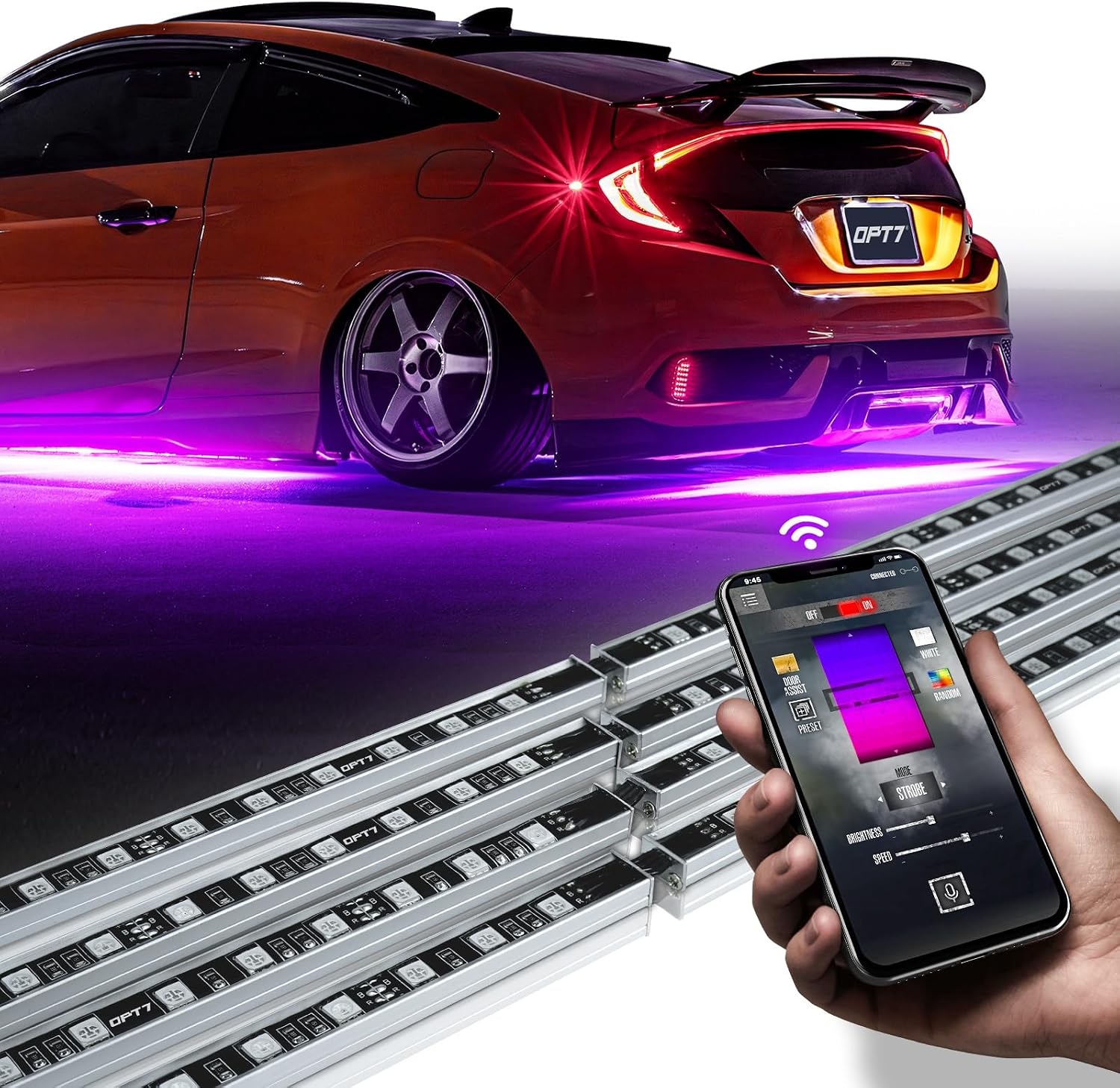 OPT7 Aura Pro RGB Aluminum Car Underglow Kit with App & Remote Control | Waterproof Rigid Light Bars, Multicolor Music Sync Lighting, Neon Accent Underbody Lights, Exterior Car Gifts, 12V