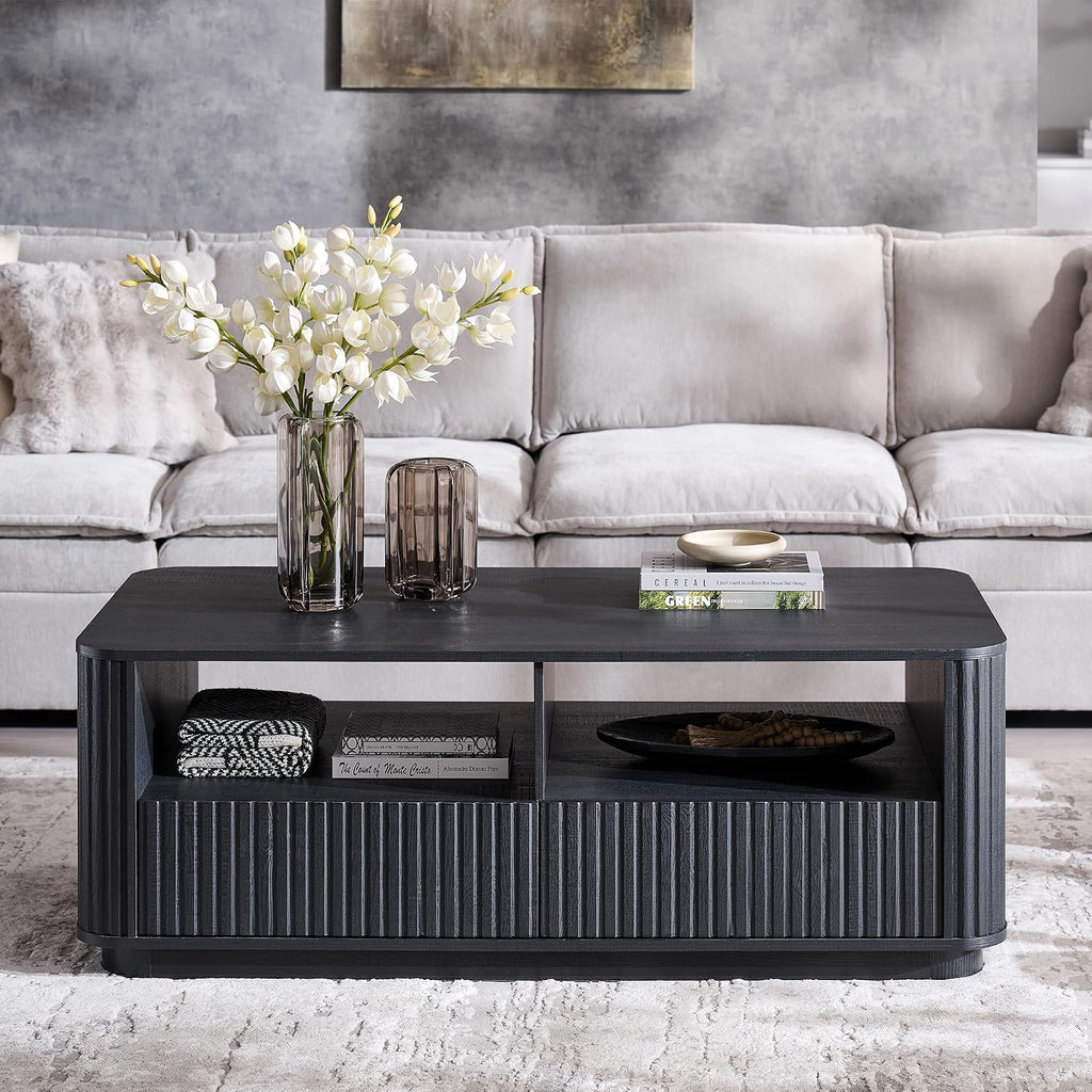 ACCOHOHO 51' Fluted Coffee Table with Storage, Large Modern Center Table with 2 Drawers, Rectangle Wood Coffee Table for Living Room, Black Oak