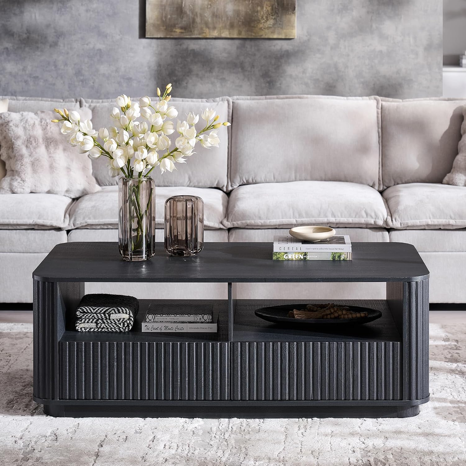 ACCOHOHO 51' Fluted Coffee Table with Storage, Large Modern Center Table with 2 Drawers, Rectangle Wood Coffee Table for Living Room, Black Oak