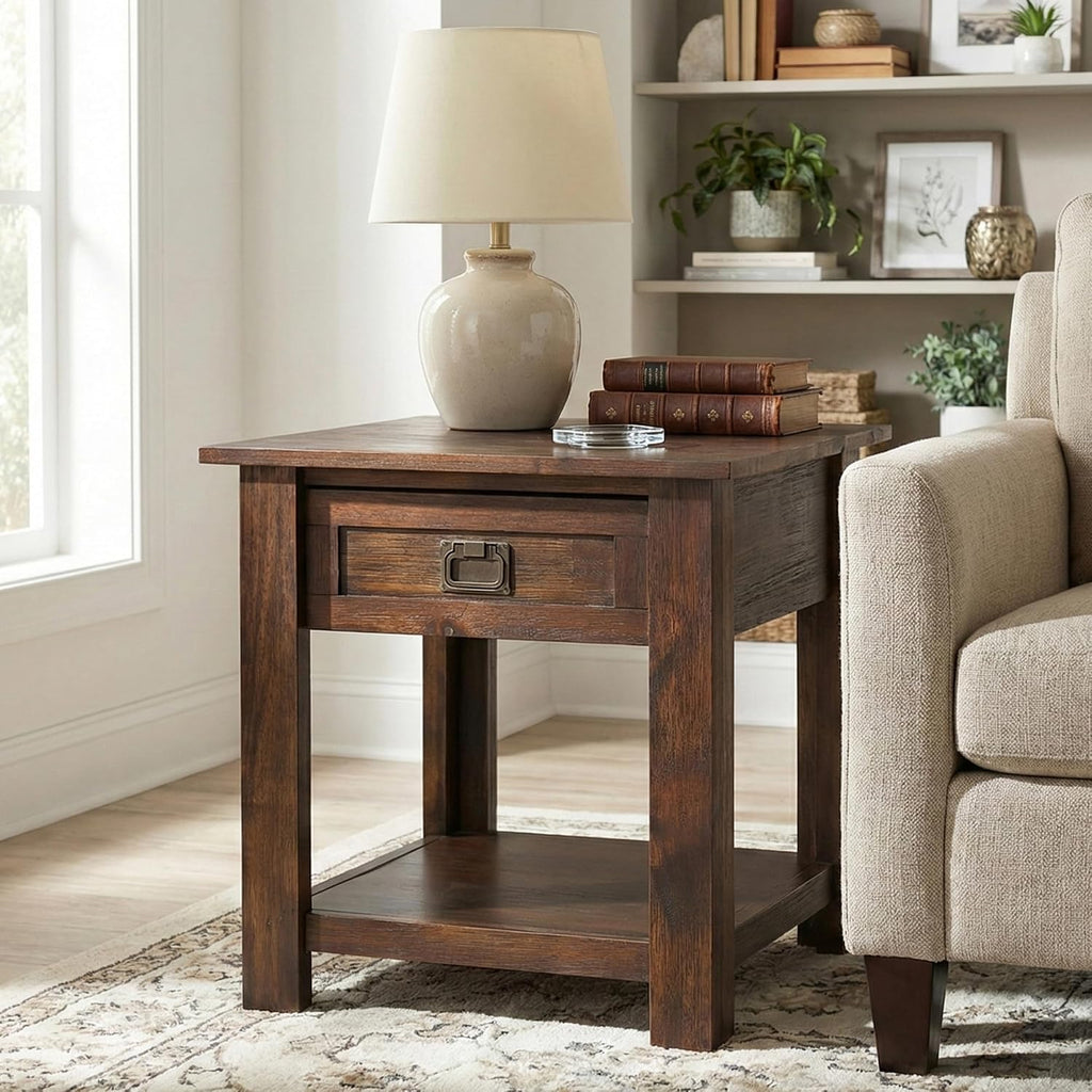 SIMPLIHOME Monroe End Table - 22 inch Wide Solid Acacia Wood Side Table in Distressed Charcoal Brown, Rustic Accent Table for Living Room or Bedroom with Drawer and Shelf