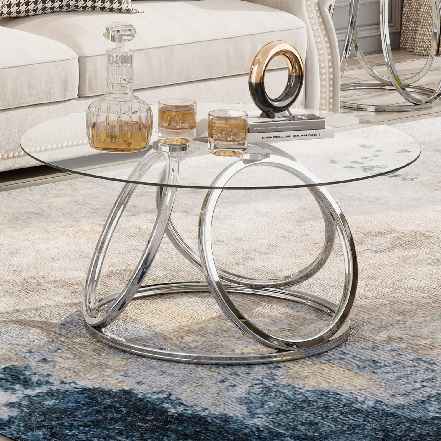 O&K FURNITURE Silver Coffee Table, Modern Glass Coffee Table Living Room Table with Ring-Shaped Frames, Glass Coffee Table for Home&Office, Chrome Finish, 1 PC | Modern