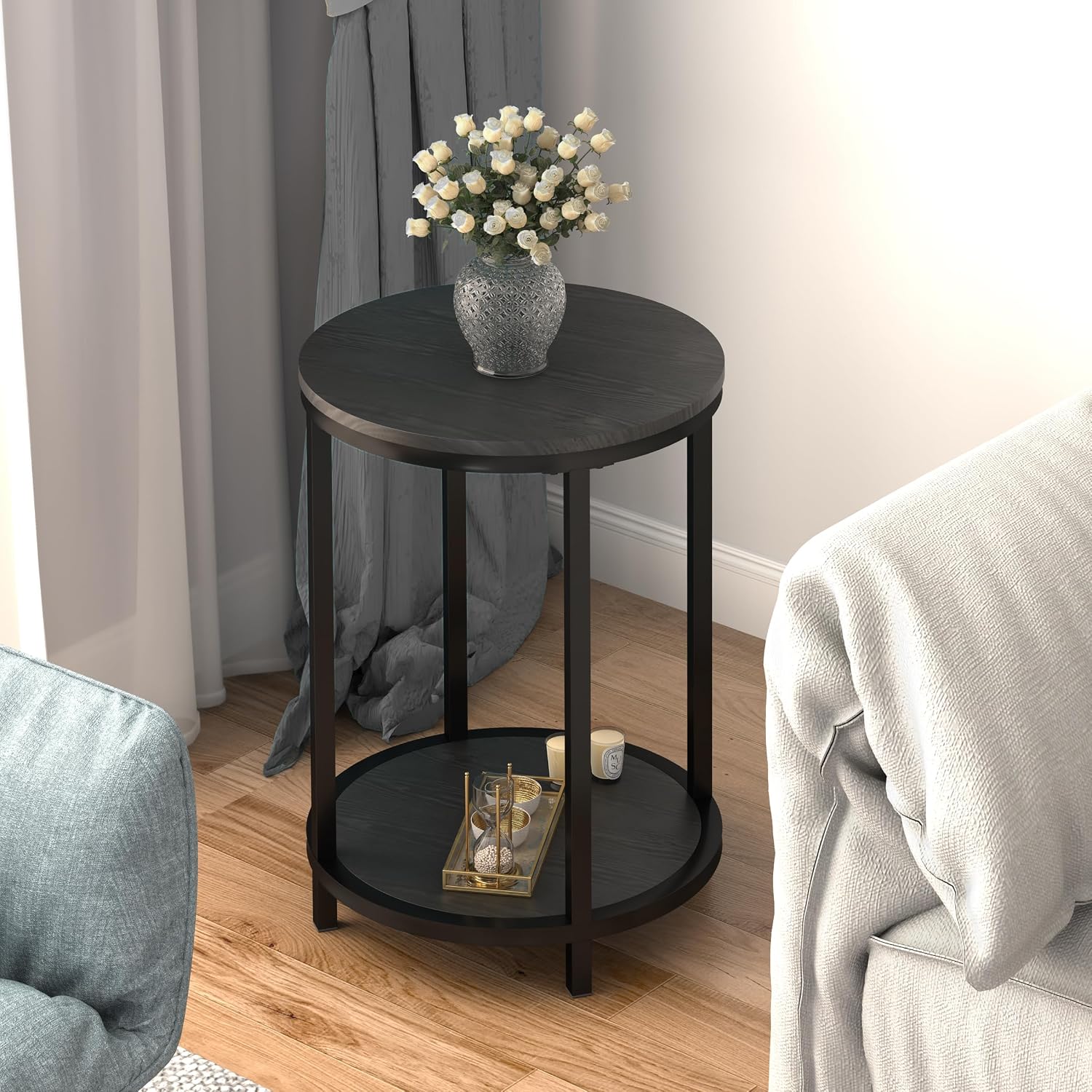 NSdirect Round Side Table Set of 2,16in Rustic Wooden End Table Surface Top & Sturdy Metal Legs Nightstand for Living Room Bedroom Farmhouse Sofa Table with Storage Open Shelf,Black