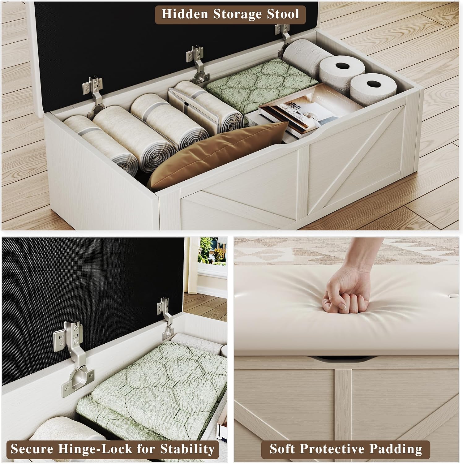 HUAHUU Coffee Table, 31.5 Lift Top Coffee Tables with Storage Hidden Compartment, Farmhouse Coffee Tables with Ottoman Bench, Center Table with Wooden Lift Tabletop for Living Room, White