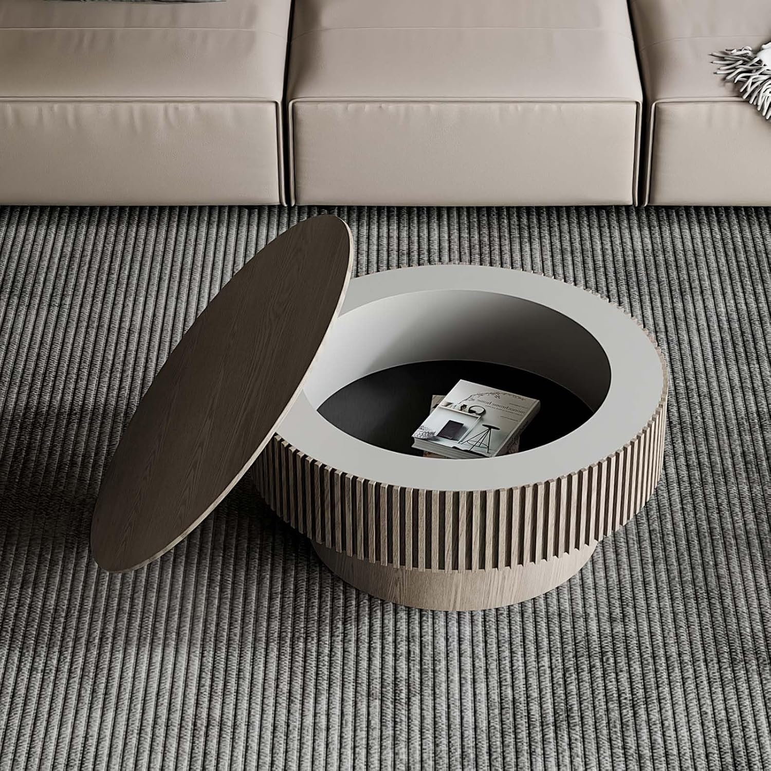 Round Coffee Table with Storage, Modern Wooden Coffee Table with Solid Wood Veneered, Circle Center Table Accent Tea Table for Living Room Apartment Small Space (31.5''L × 31.5''W × 14''H, Grey)