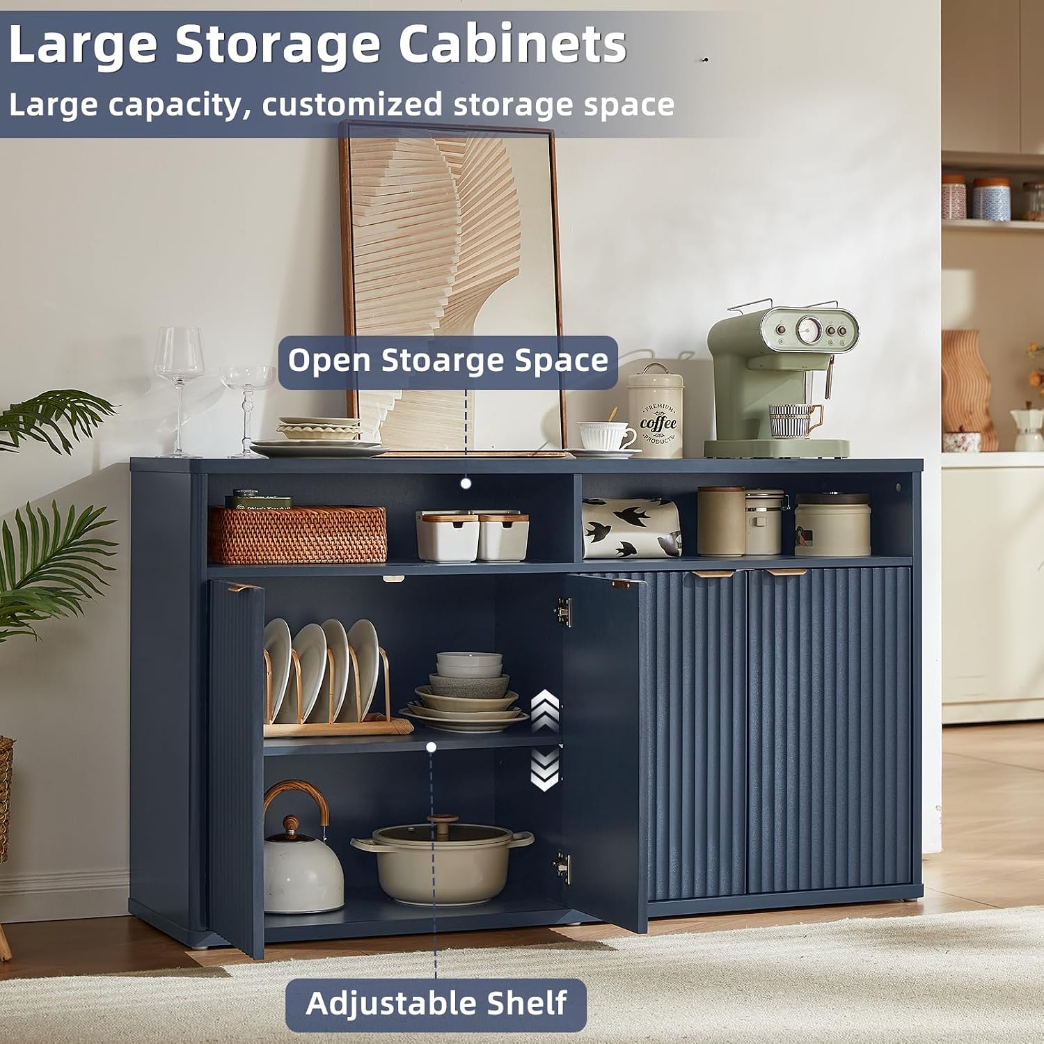 LEYAOYAO Fluted Buffet Cabinet with Storage, 55' Wide Wood Sideboard Credenza with 4 Doors & Open Storage Shelf, Modern Kitchen Console Accent Cabinets, Coffee Bar Table for Dining Room, Dark Blue