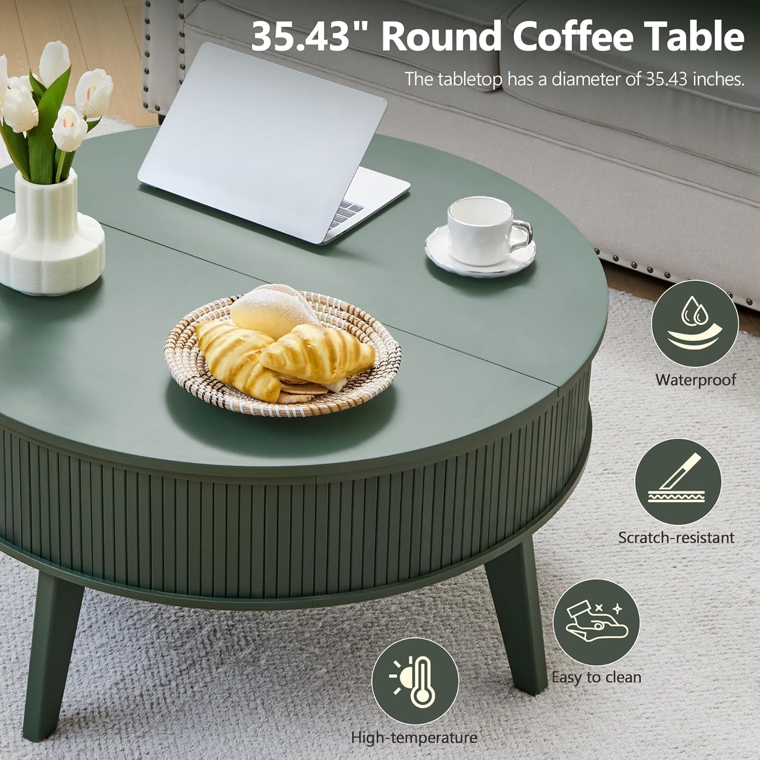 Round Lift Top Coffee Table with Storage, 35.4'' Fluted Wood Center Table Mid Century Modern Coffee Table with Lifting Top for Living Room, Office, Small Space Green