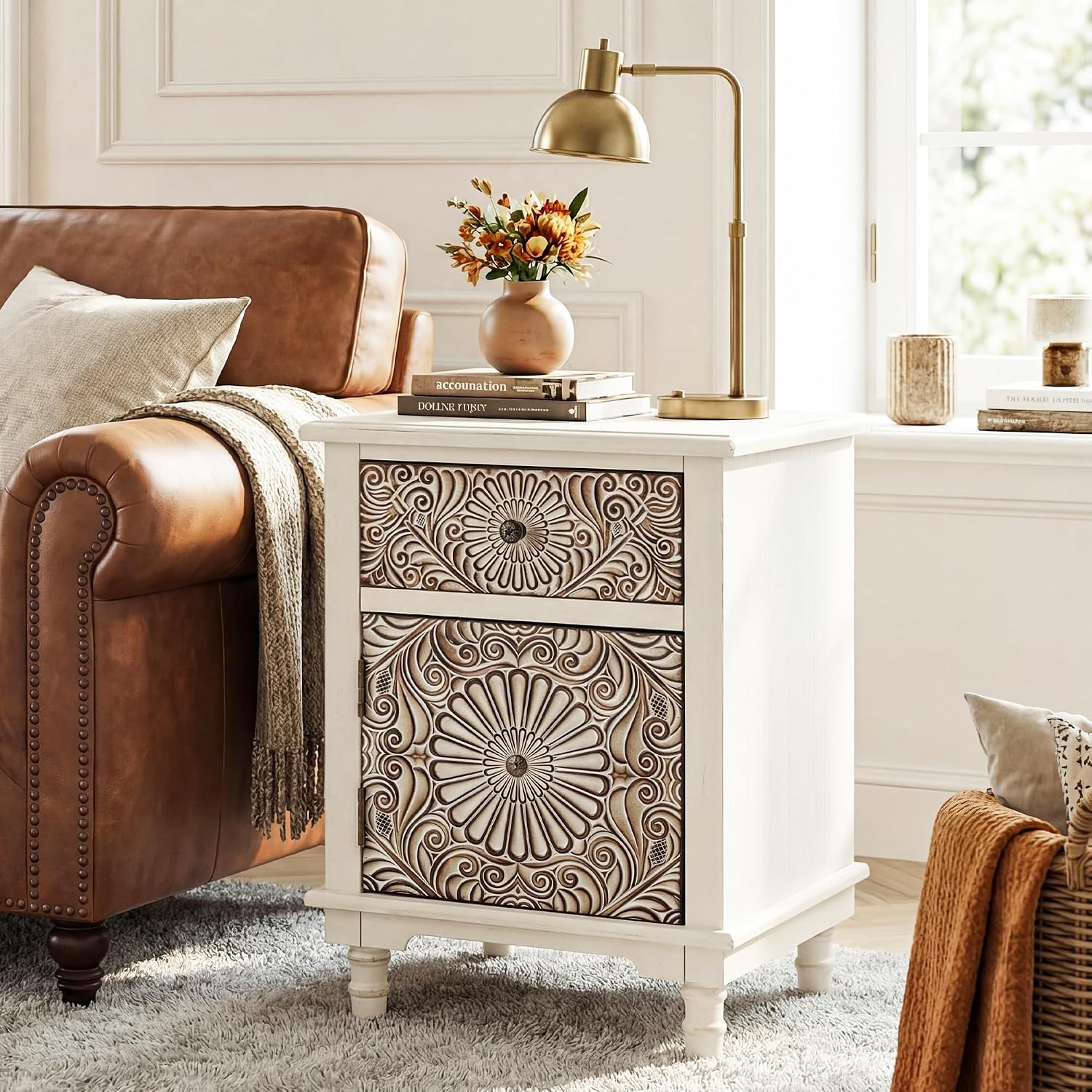 COSIEST 2 Drawers Accent Dresser, Vintage Small Accent Chest with 4 Wood Legs, Free-Standing Buffet Server Nightstand End Table for Bedroom, Living Room, Entryway