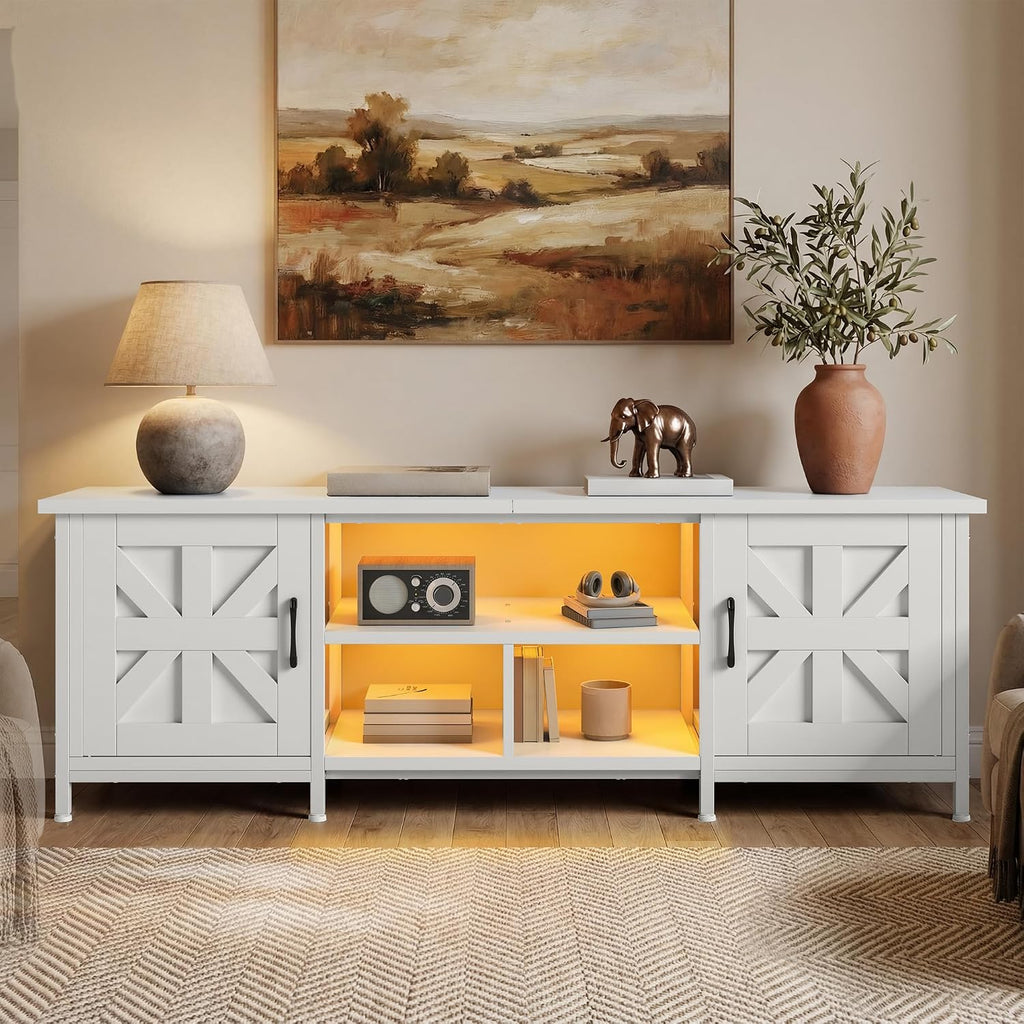 DWVO Modern Farmhouse TV Stand with LED Lights & Power Outlets for TVs up to 75 Inch, White Entertainment Center with Storage Cabinets & Adjustable Shelves, Media Console Table for Living Room