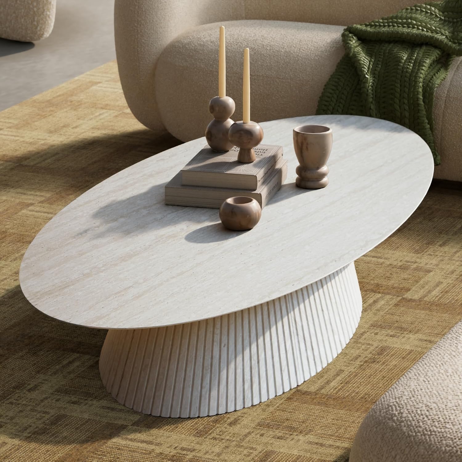 win2win Oval Coffee Table, Modern Faux Stone Coffee Table with Fluted Design, Travertine Center Table with Tapered Base, Minimalist Tea Table for Living Room, Bedroom, Office, Stone