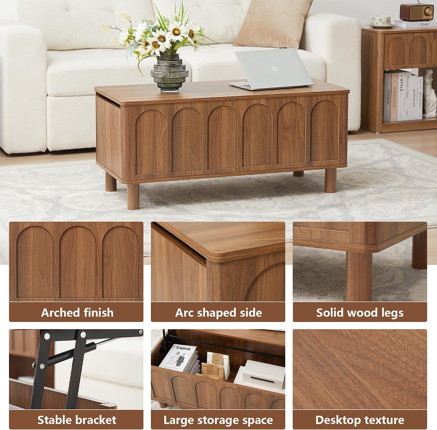 Lift Top Coffee Table with Arched Finish, Modern Coffee Table with Lifting Tabletop & Hidden Storage, Wood Center Table for Living Room,Convenient for Dining, Gaming or Working (Walnut)