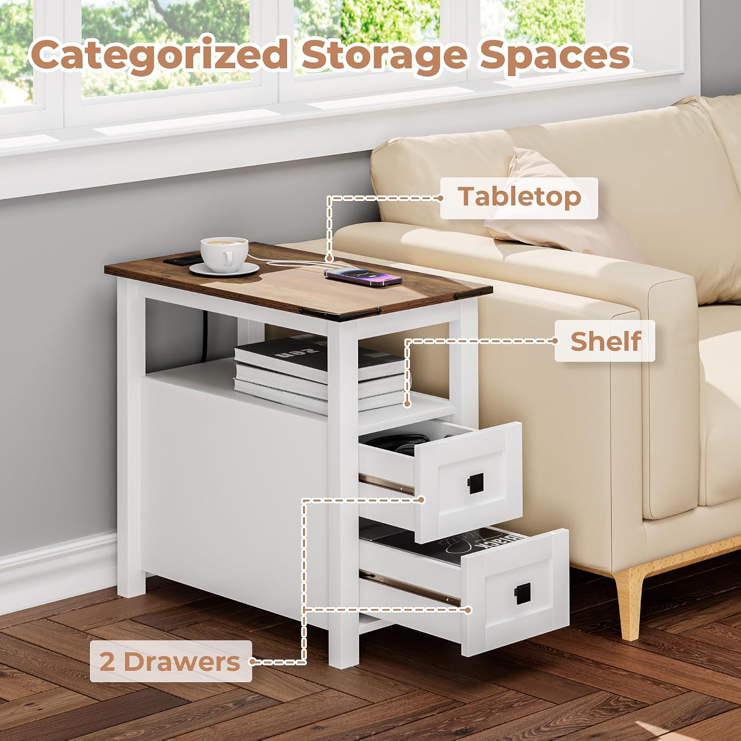 VVFLU Farmhouse Nightstand with Charging Station and 2 Storage Drawers, Bedside Table with Barn Door and Shelf, Rustic End Table Side Table for Bedroom, Living Room, Sofa