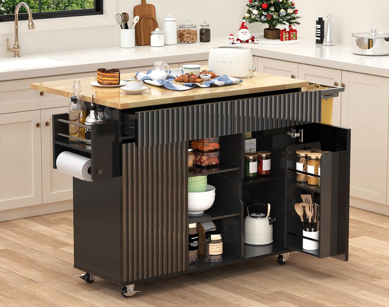 43.3' x 29.5' Kitchen Island with Drop Leaf, Rolling Kitchen Island on Wheels with Removable Trash Bag, Kitchen Island Cart with Storage Cabinet, Drawers & Spice Rack, Black