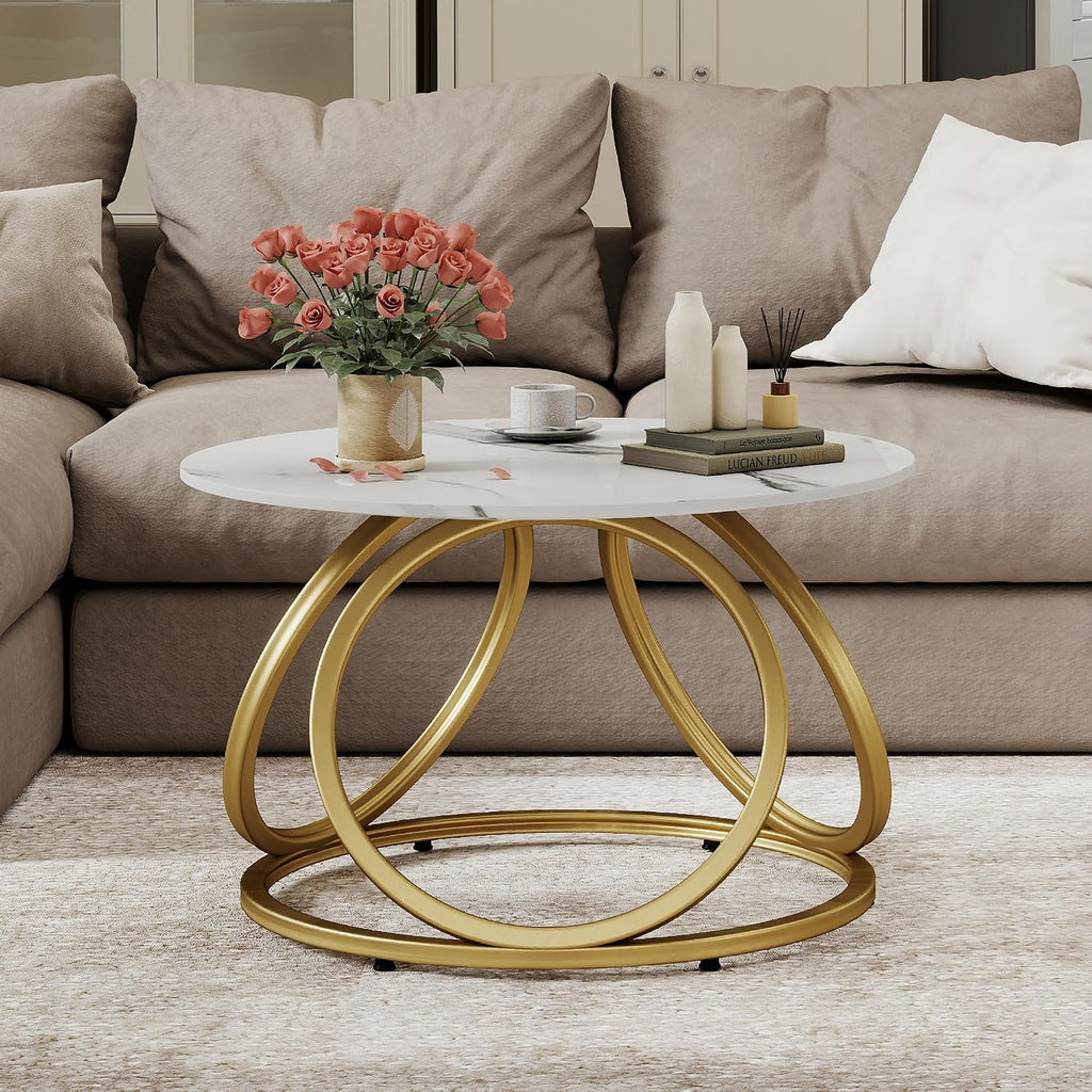O&K FURNITURE Gold Round Coffee Table, Faux Marble Top with Veins, Modern Center Table with Gold Metal Frame, for Living Room, Home Office, 1 PC