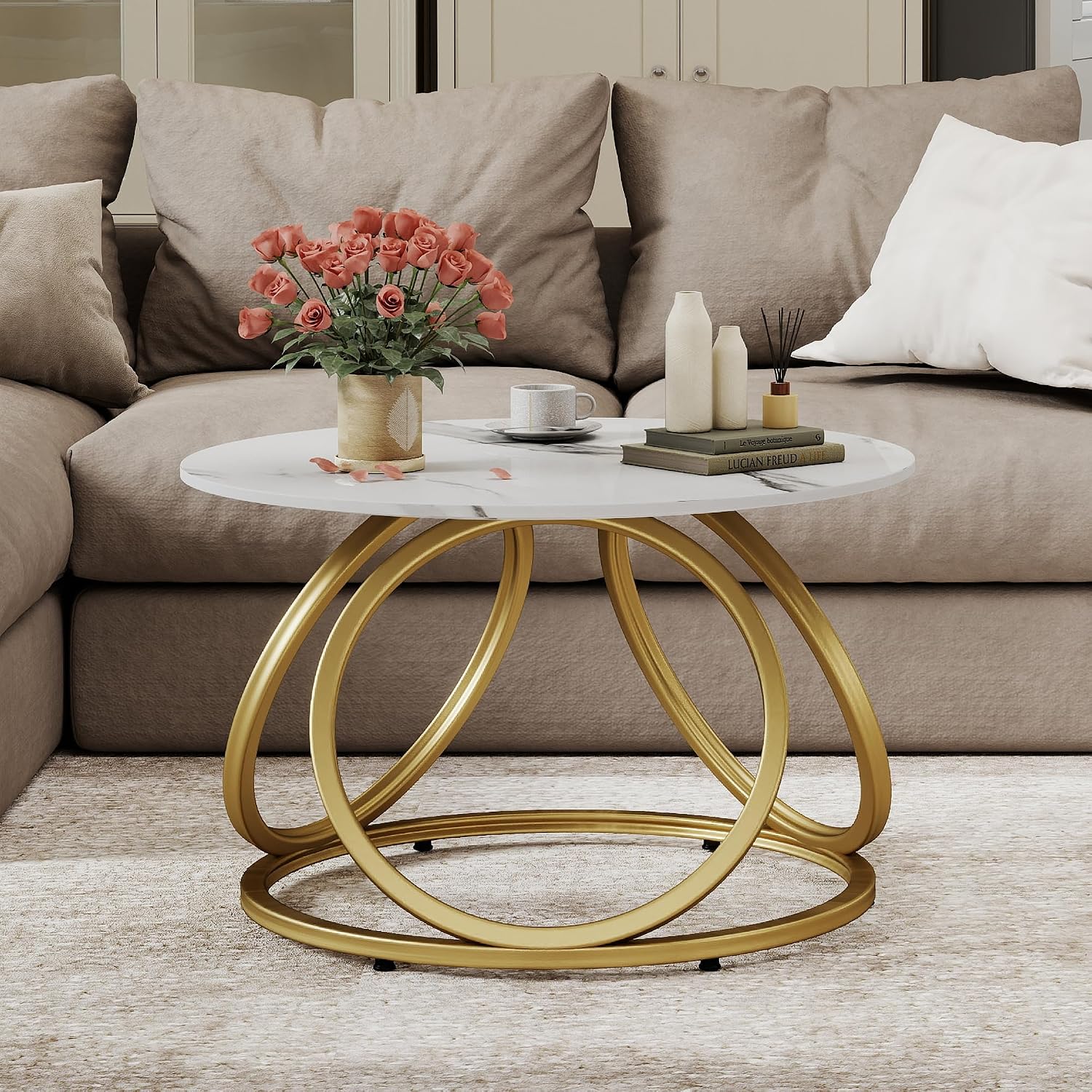 O&K FURNITURE Gold Round Coffee Table, Faux Marble Top with Veins, Modern Center Table with Gold Metal Frame, for Living Room, Home Office, 1 PC