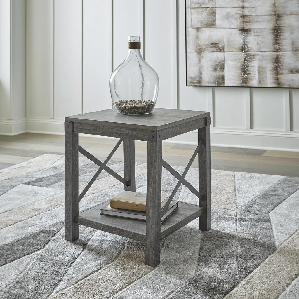 Signature Design by Ashley Freedan Rustic Square Farmhouse End Table, Wood, Metal Crossbuck Accents, Lower Display Shelf, 22.63' High, Gray