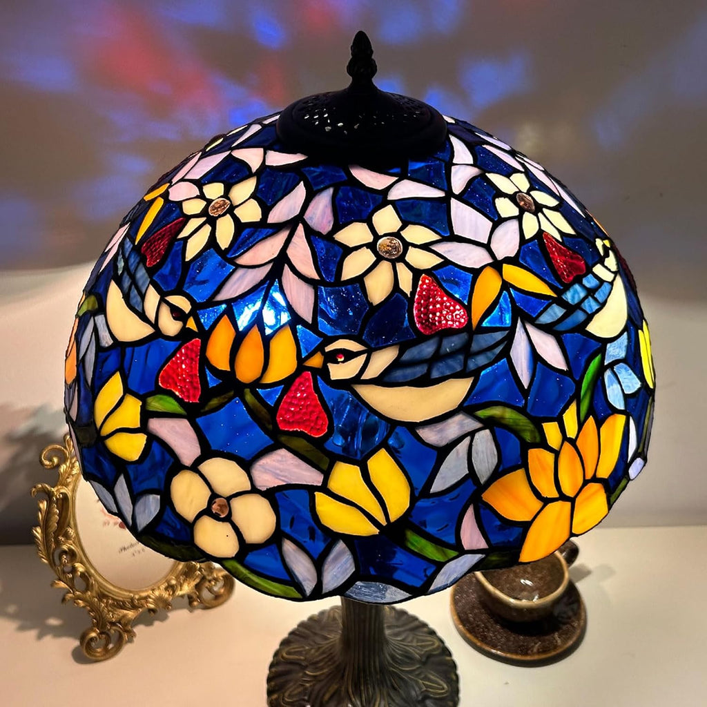 Tiffany Lamp Shade Replacement Only 16 Inch Stained Glass Bird Lampshades, Vintage Blue Beige Yellow Flower Light Cover for Table Lamp Floor Lamp Hanging Pendant lamp Ceiling Light