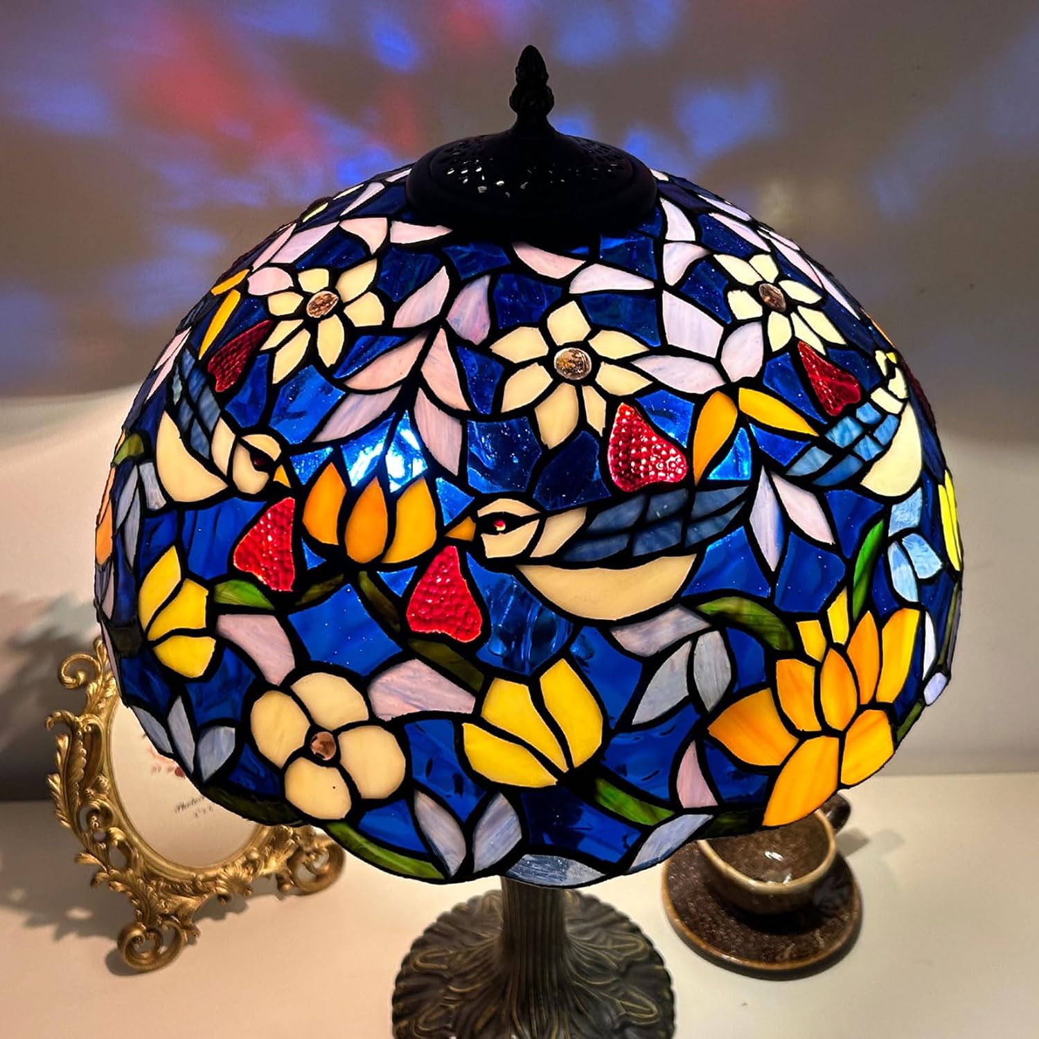 Tiffany Lamp Shade Replacement Only 16 Inch Stained Glass Bird Lampshades, Vintage Blue Beige Yellow Flower Light Cover for Table Lamp Floor Lamp Hanging Pendant lamp Ceiling Light