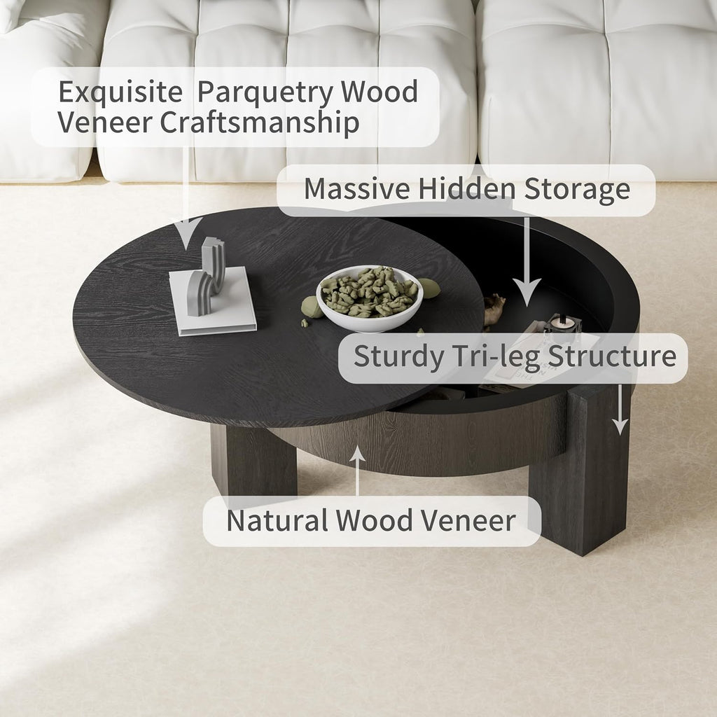 33'' Round Coffee Table with Hidden Storage, Modern Wood Veneer Top, 3 Block Legs Sturdy Center Accent Table for Living Room, Small Space, Black