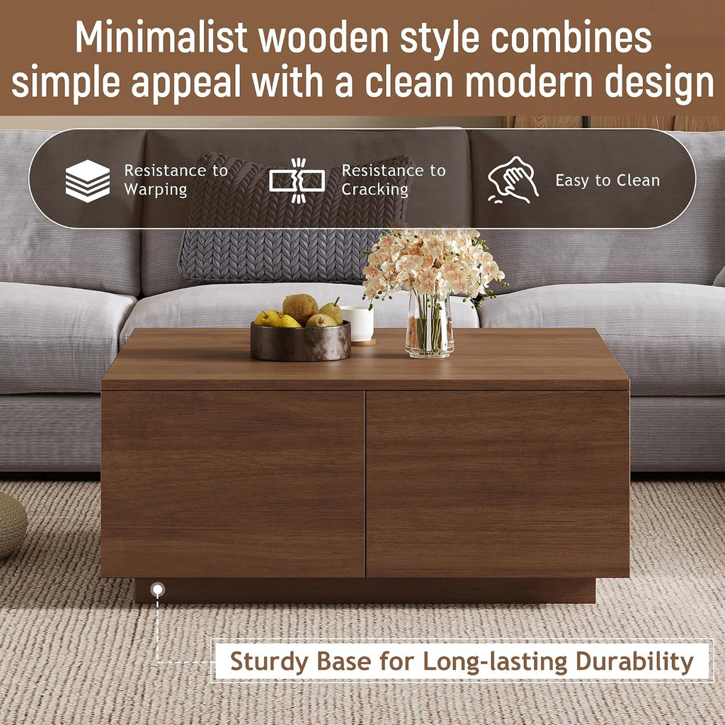 Merax Modern Wood Square Coffee Table with 4 Hidden Storage Drawers, 33.25' Minimalist Center Tables for Living Room, Easy Assembly, Walnut