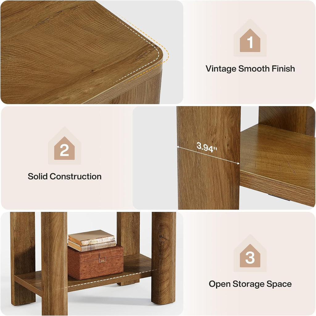 Tribesigns End Table for Living Room, Farmhouse Wooden Side Table with Storage Shelf, Small Narrow Bedside Accent Furniture for Bedroom (Brown, 2PCS)