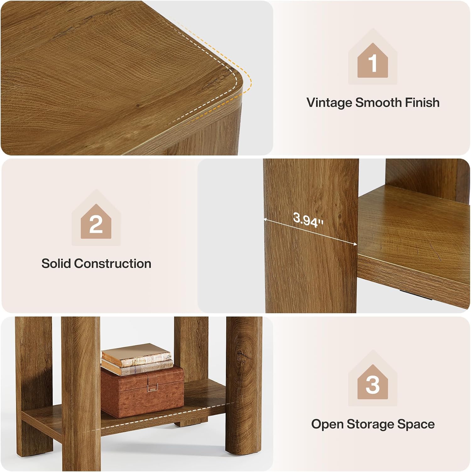 Tribesigns End Table for Living Room, Farmhouse Wooden Side Table with Storage Shelf, Small Narrow Bedside Accent Furniture for Bedroom (Brown, 2PCS)