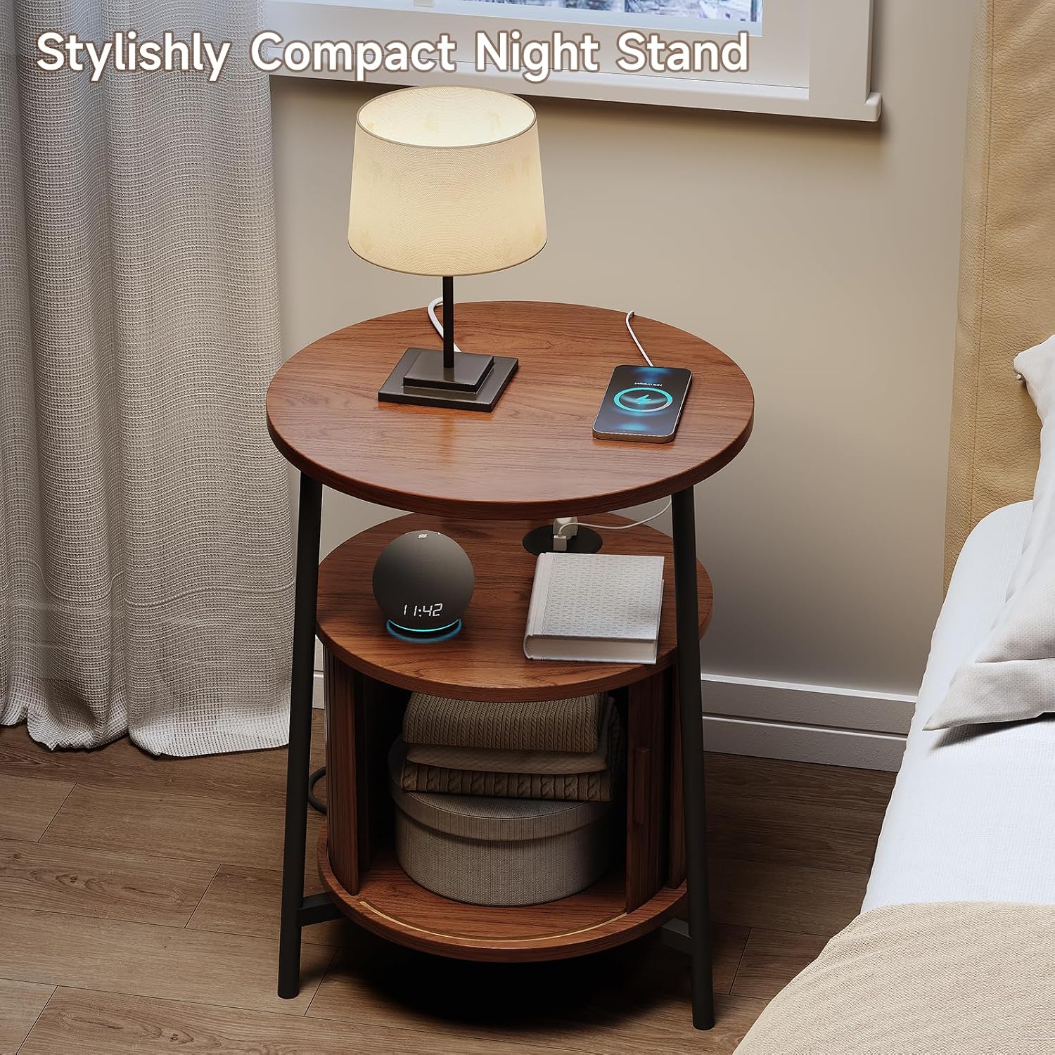 ONBRILL Round Side Table with Storage, Fluted Nightstand with Charging Station, Small Mid-Century Modern Bedside Tables, Walnut End Tables for Small Space Living Room Bedroom Sofa Couch (2 PCS)