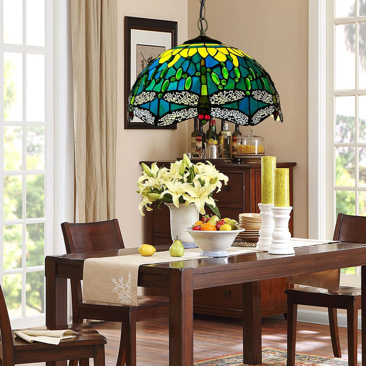 16-Inch Dragonfly Lampshade Replacement, Tiffany Style Stained Glass Lamp Shade Only for Table Lamps Pendant Lamps Floor Lights Ceiling Fixture,Green