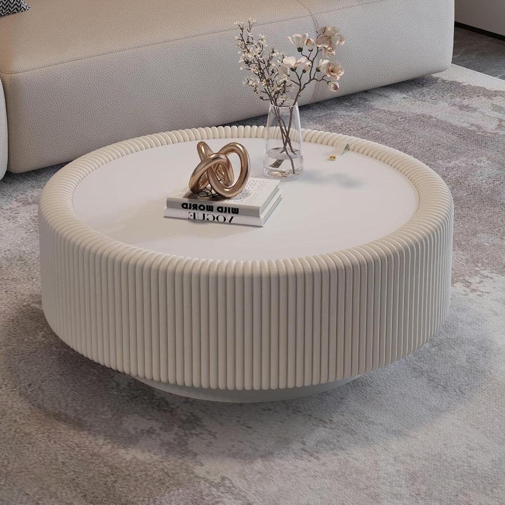 31.5' White Round Coffee Table with Storage, Tempered Glass Top PU Leather Body & Baked Enamel Base, Modern Minimalist Fluted Circle Center Tables for or Living Room, Bedroom, Apartment