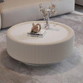 31.5' White Round Coffee Table with Storage, Tempered Glass Top PU Leather Body & Baked Enamel Base, Modern Minimalist Fluted Circle Center Tables for or Living Room, Bedroom, Apartment