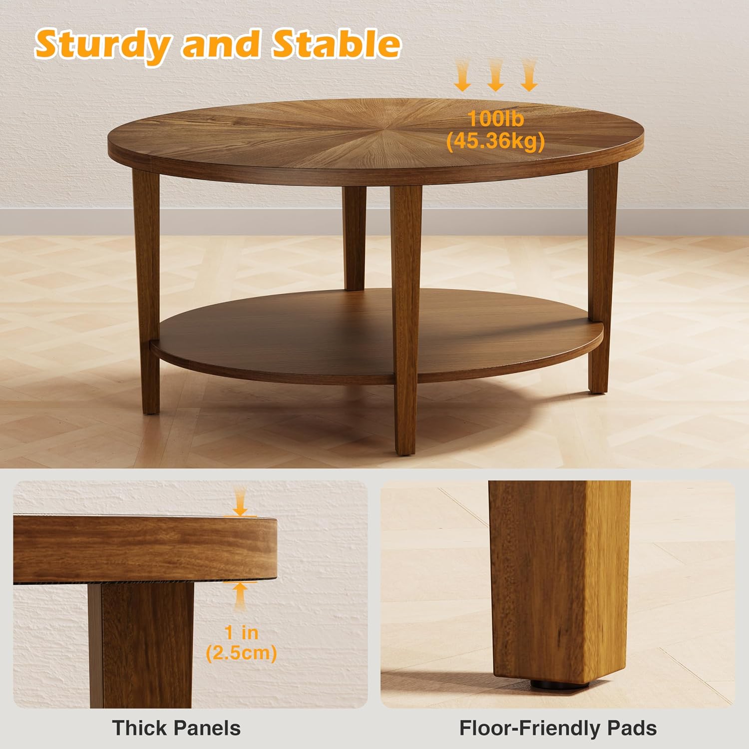 Solid Wood Oval Coffee Table for Living Room, 2 Tier Farmhouse Coffee Table with Storage Shelf, Double Layer Center Table for Living Room, Easy Assembly